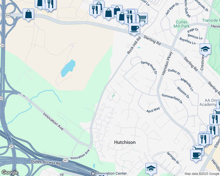 map of restaurants, bars, coffee shops, grocery stores, and more near 2156 Capstone Circle in Herndon