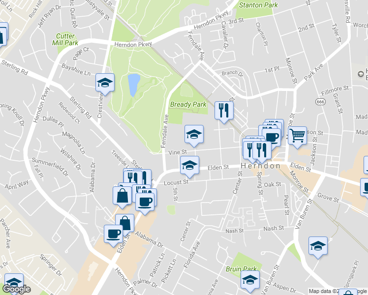 map of restaurants, bars, coffee shops, grocery stores, and more near 906 Vine Street in Herndon