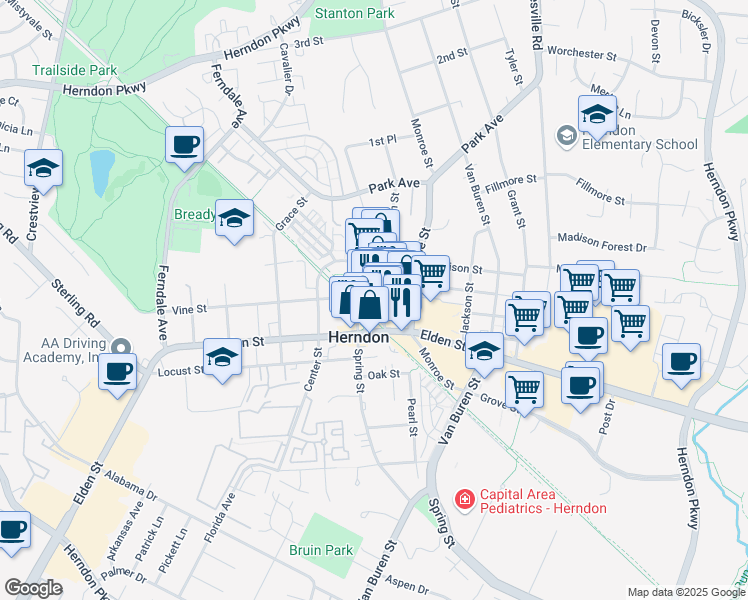 map of restaurants, bars, coffee shops, grocery stores, and more near 783 Station Street in Herndon