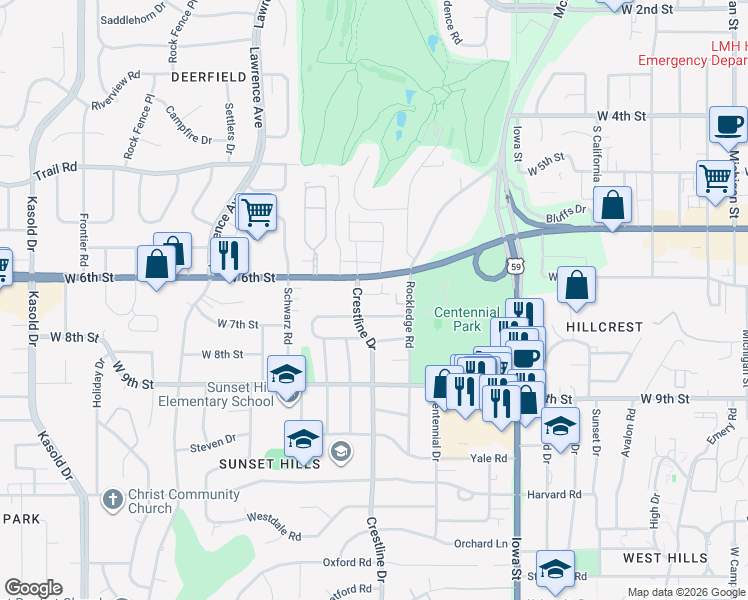map of restaurants, bars, coffee shops, grocery stores, and more near 2441 U.S. 40 in Lawrence
