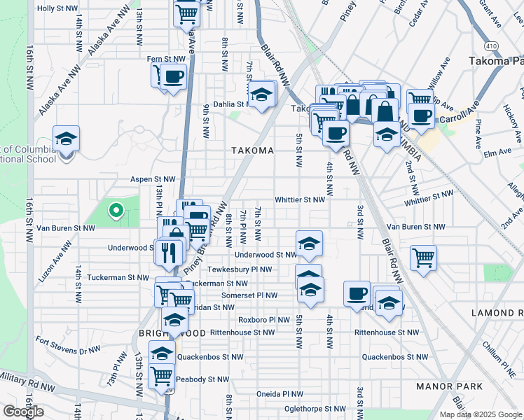 map of restaurants, bars, coffee shops, grocery stores, and more near 6623 7th Street Northwest in Washington