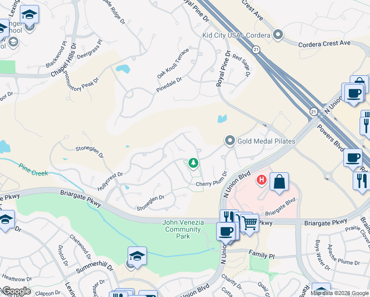 map of restaurants, bars, coffee shops, grocery stores, and more near 9625 Blue Bonnet Court in Colorado Springs