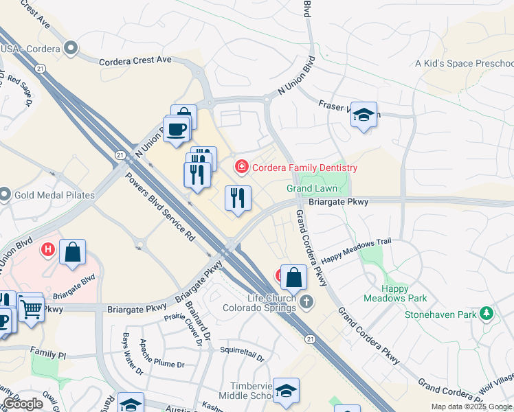 map of restaurants, bars, coffee shops, grocery stores, and more near 9665 Prominent Point in Colorado Springs