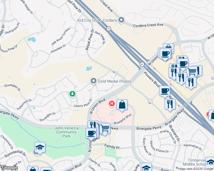 map of restaurants, bars, coffee shops, grocery stores, and more near 4064 Cherry Plum Drive in Colorado Springs
