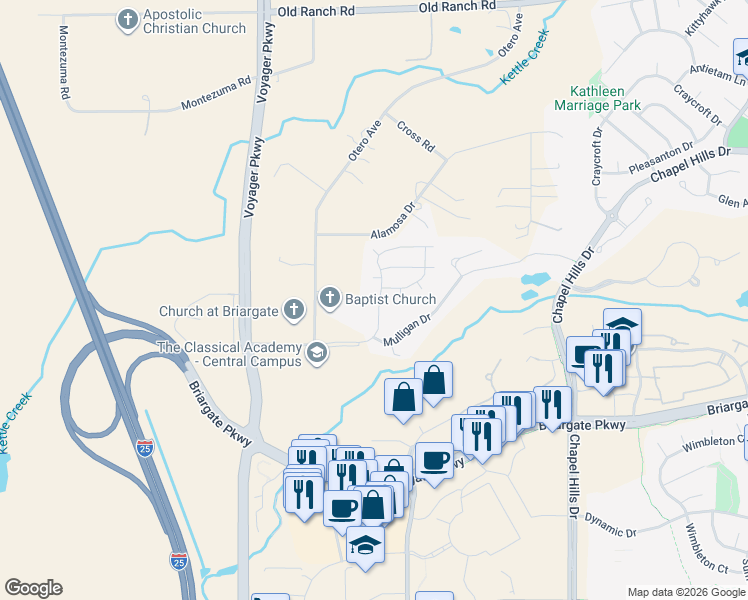 map of restaurants, bars, coffee shops, grocery stores, and more near 1935 Spicewood Lane in Colorado Springs