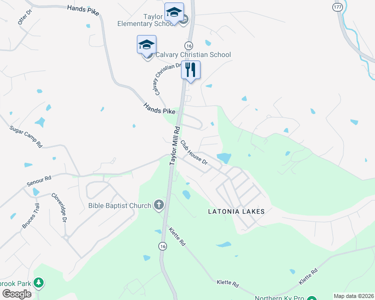map of restaurants, bars, coffee shops, grocery stores, and more near 6017 Club House Drive in Kenton County