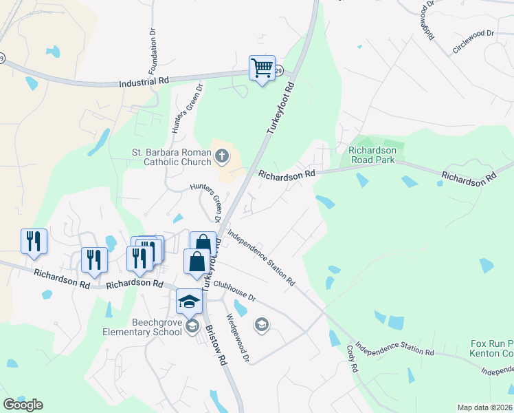 map of restaurants, bars, coffee shops, grocery stores, and more near 4063 Richardson Road in Independence