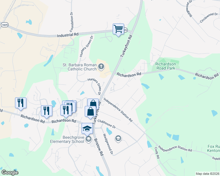 map of restaurants, bars, coffee shops, grocery stores, and more near 4010 Pointer Court in Florence