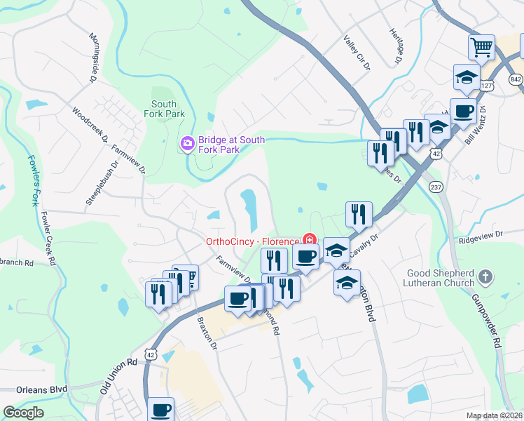 map of restaurants, bars, coffee shops, grocery stores, and more near 34 Rio Grande Circle in Florence