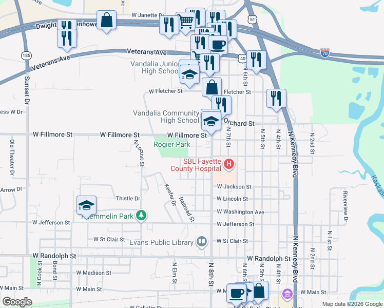 map of restaurants, bars, coffee shops, grocery stores, and more near 1018 North Burtschi Street in Vandalia