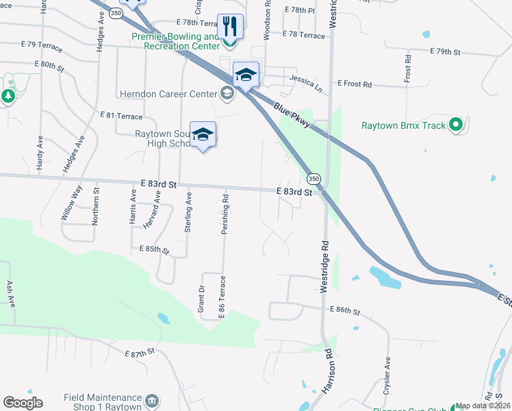 map of restaurants, bars, coffee shops, grocery stores, and more near 8300 Woodson Drive in Raytown
