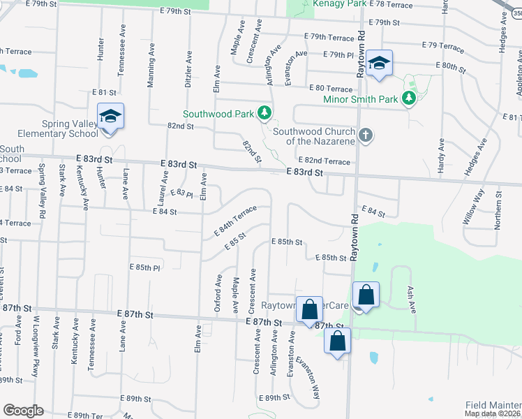 map of restaurants, bars, coffee shops, grocery stores, and more near 9409 East 84 Street in Raytown