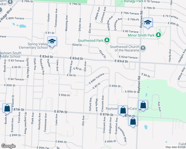 map of restaurants, bars, coffee shops, grocery stores, and more near 8325 Oxford Avenue in Raytown