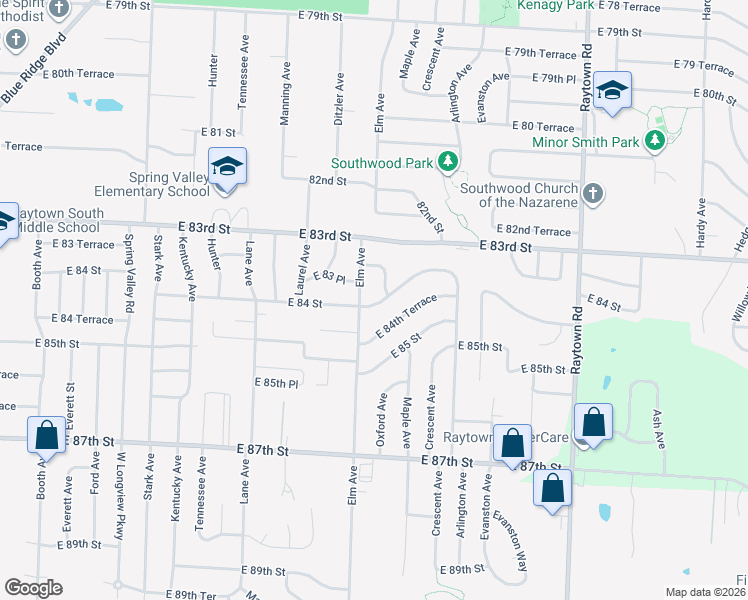 map of restaurants, bars, coffee shops, grocery stores, and more near 8319 Elm Avenue in Raytown