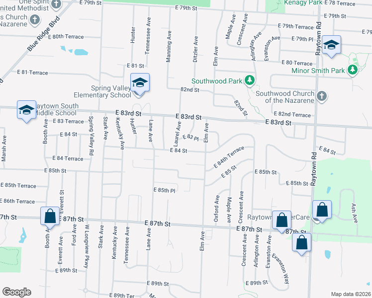map of restaurants, bars, coffee shops, grocery stores, and more near 9113 East 83 Place in Raytown