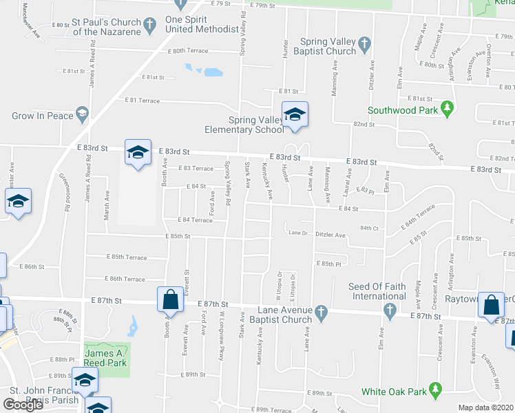 map of restaurants, bars, coffee shops, grocery stores, and more near 8314 Kentucky Avenue in Raytown