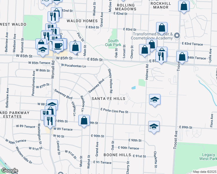 map of restaurants, bars, coffee shops, grocery stores, and more near 8642 Sleepy Hollow Road in Kansas City