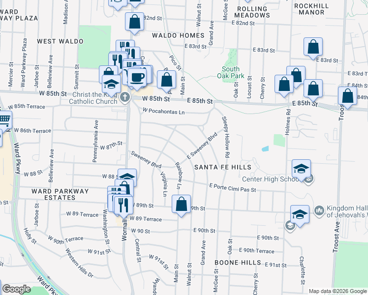 map of restaurants, bars, coffee shops, grocery stores, and more near 8641 Minnehaha Lane in Kansas City