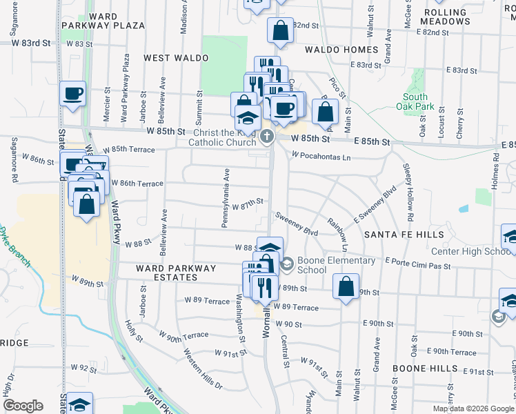 map of restaurants, bars, coffee shops, grocery stores, and more near 405 West 86th Terrace in Kansas City