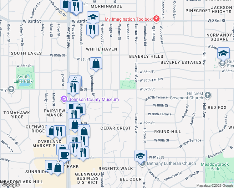 map of restaurants, bars, coffee shops, grocery stores, and more near 8636 Walmer Street in Overland Park