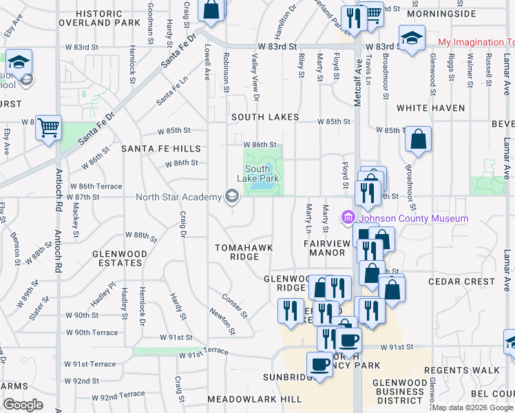 map of restaurants, bars, coffee shops, grocery stores, and more near 8701 Conser Street in Overland Park