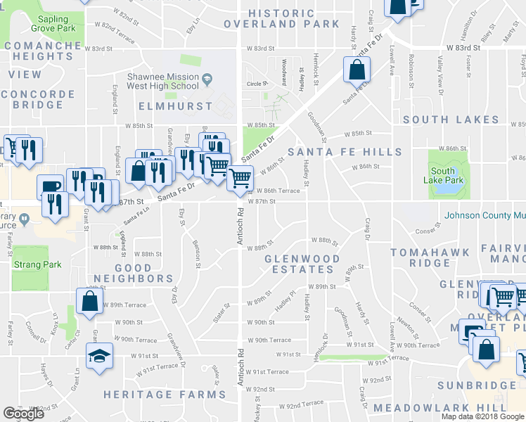 map of restaurants, bars, coffee shops, grocery stores, and more near 8521 West 86th Terrace in Overland Park