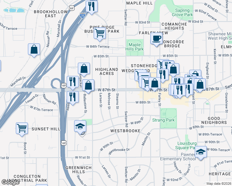 map of restaurants, bars, coffee shops, grocery stores, and more near 8643 Melrose Street in Overland Park