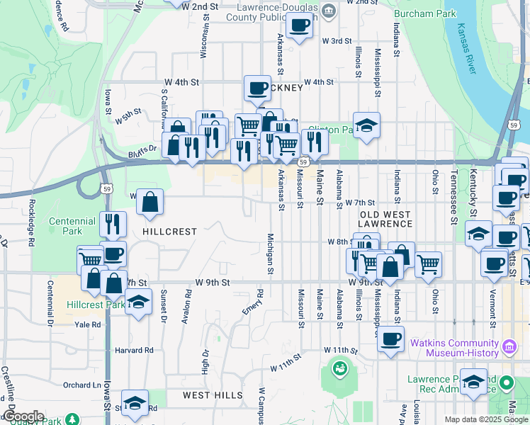 map of restaurants, bars, coffee shops, grocery stores, and more near 647 Michigan Street in Lawrence