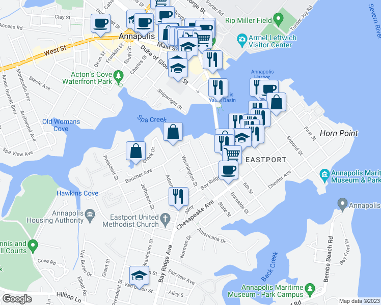 map of restaurants, bars, coffee shops, grocery stores, and more near 304 State Street in Annapolis