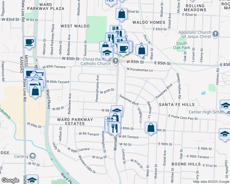 map of restaurants, bars, coffee shops, grocery stores, and more near 405 West 86th Terrace in Kansas City