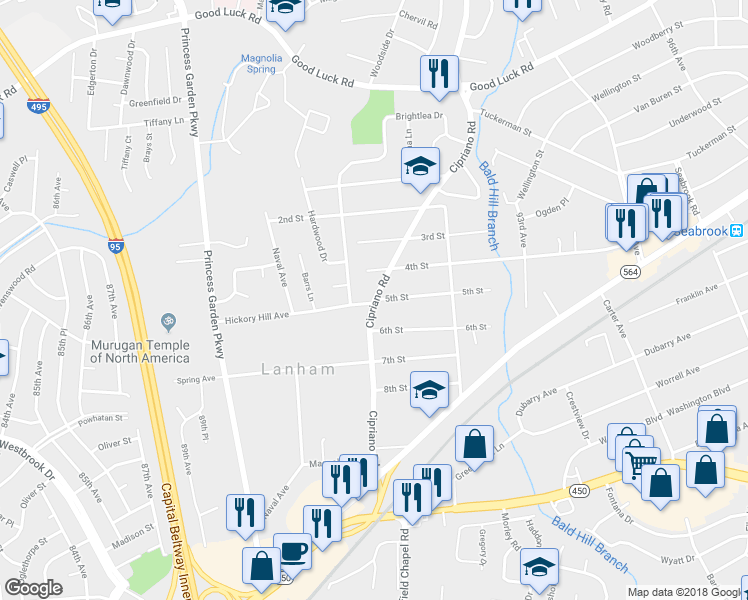 map of restaurants, bars, coffee shops, grocery stores, and more near Cipriano Rd in Prince George's