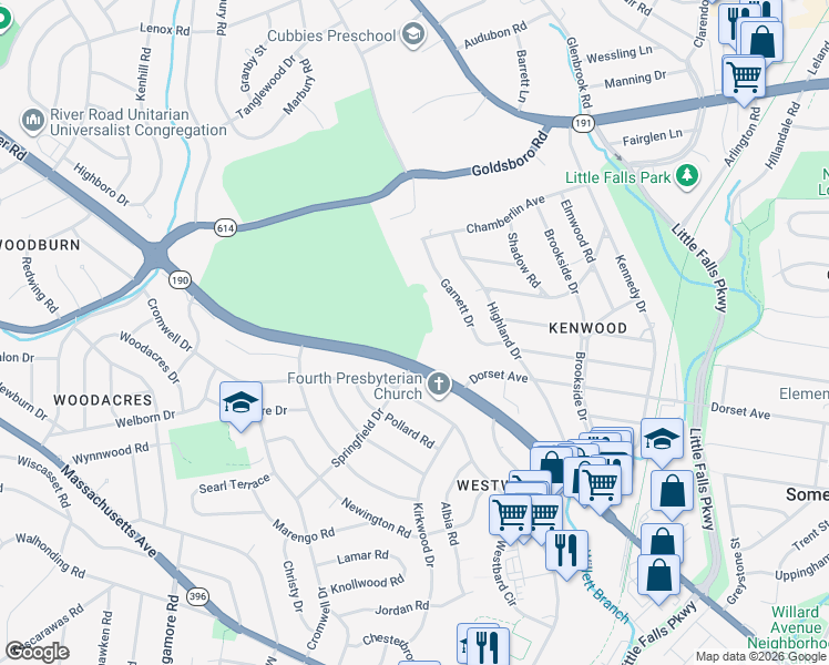 map of restaurants, bars, coffee shops, grocery stores, and more near 5601 River Road in Bethesda