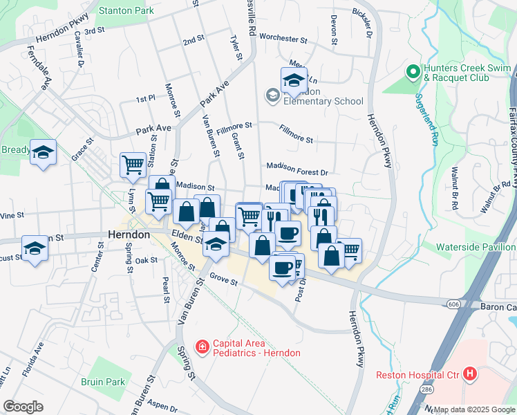 map of restaurants, bars, coffee shops, grocery stores, and more near 401 Madison Manor Court in Herndon
