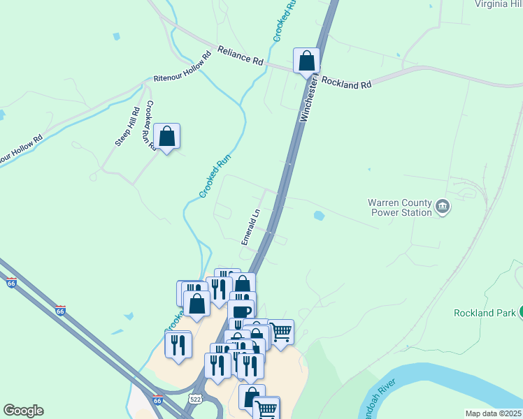 map of restaurants, bars, coffee shops, grocery stores, and more near Emerald Lane in Front Royal