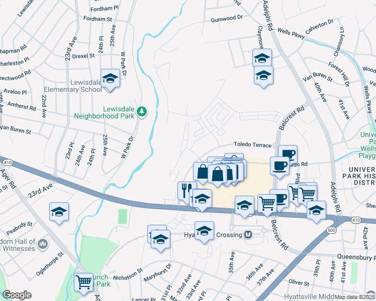 map of restaurants, bars, coffee shops, grocery stores, and more near 3308 Toledo Place in Chillum
