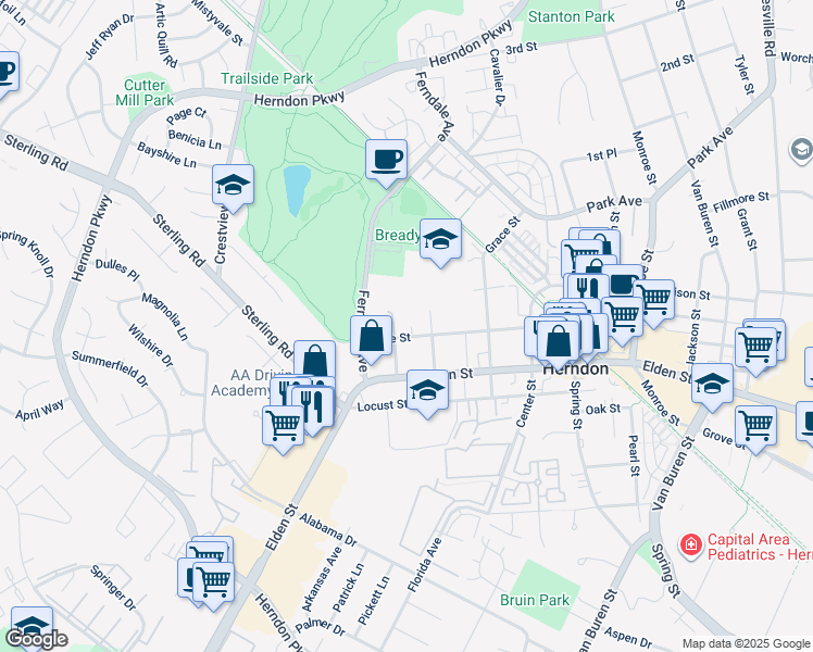 map of restaurants, bars, coffee shops, grocery stores, and more near 906 Vine Street in Herndon