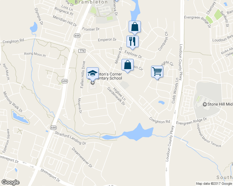 map of restaurants, bars, coffee shops, grocery stores, and more near 23376 Gardenwalk Drive in Ashburn