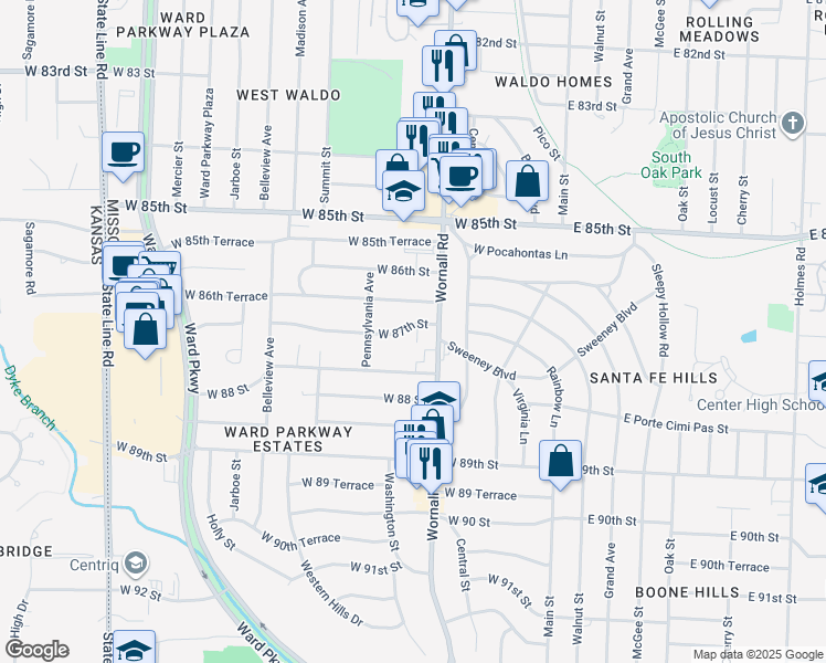 map of restaurants, bars, coffee shops, grocery stores, and more near 419 West 87th Street in Kansas City