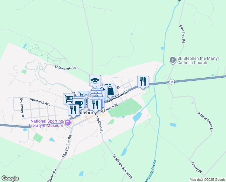 map of restaurants, bars, coffee shops, grocery stores, and more near 205 East Marshall Street in Middleburg