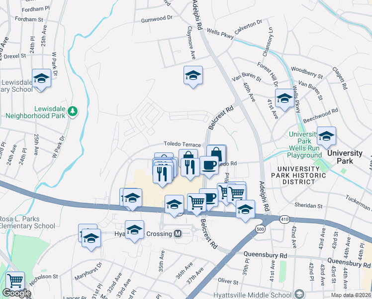 map of restaurants, bars, coffee shops, grocery stores, and more near 3507 Toledo Terrace in Hyattsville