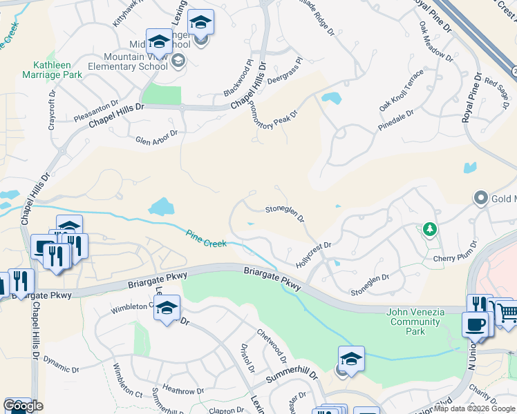 map of restaurants, bars, coffee shops, grocery stores, and more near 3020 Hollycrest Drive in Colorado Springs