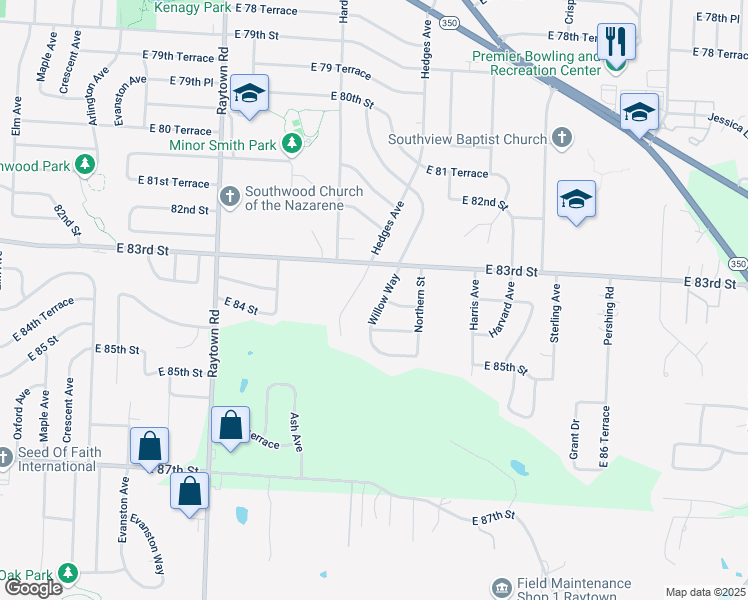 map of restaurants, bars, coffee shops, grocery stores, and more near 8308 Willow Way in Raytown