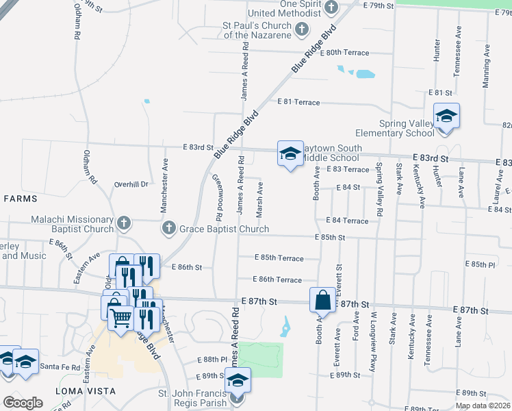 map of restaurants, bars, coffee shops, grocery stores, and more near 8405 James A Reed Road in Raytown