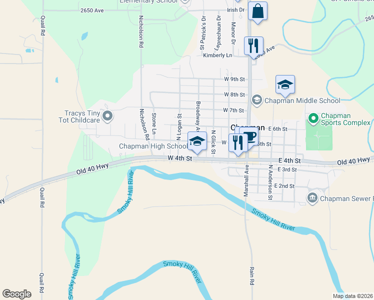 map of restaurants, bars, coffee shops, grocery stores, and more near 410 West 5th Street in Junction City