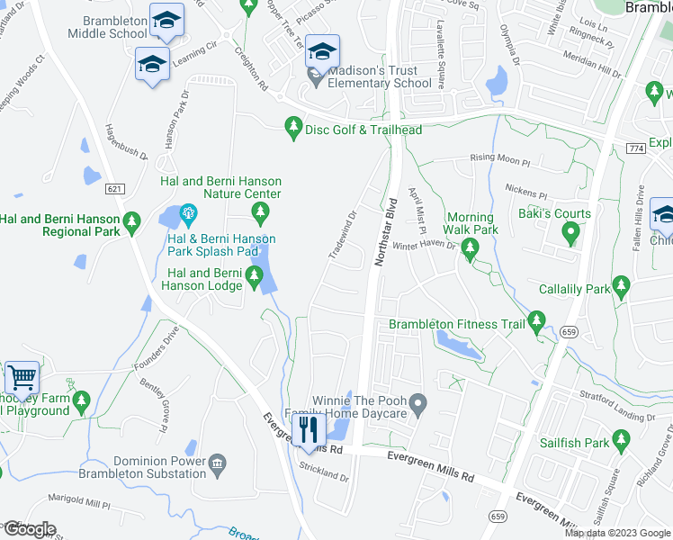 map of restaurants, bars, coffee shops, grocery stores, and more near 42177 Castle Ridge Square in Ashburn