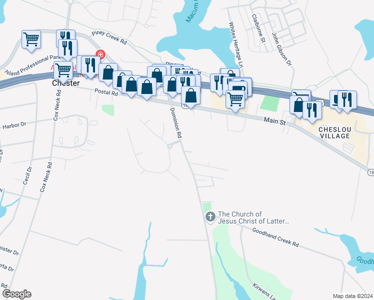 map of restaurants, bars, coffee shops, grocery stores, and more near 233 Dominion Road in Chester