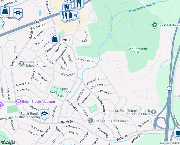 map of restaurants, bars, coffee shops, grocery stores, and more near 12700 Bridle Place in Bowie