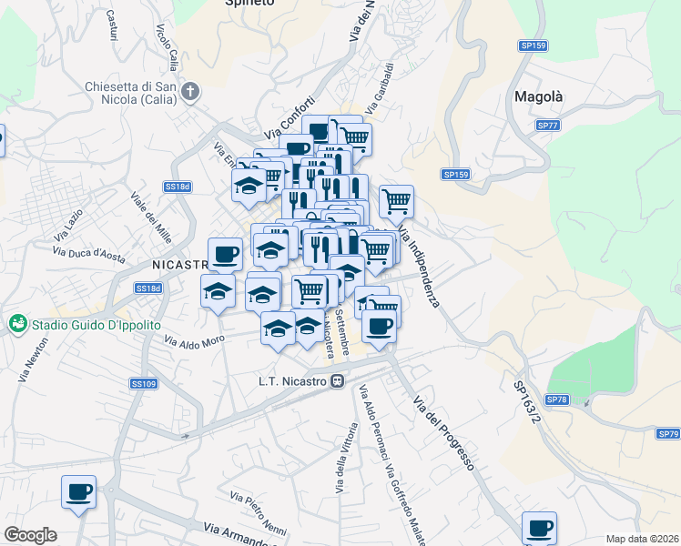 map of restaurants, bars, coffee shops, grocery stores, and more near 11 Via XX Settembre in Lamezia Terme