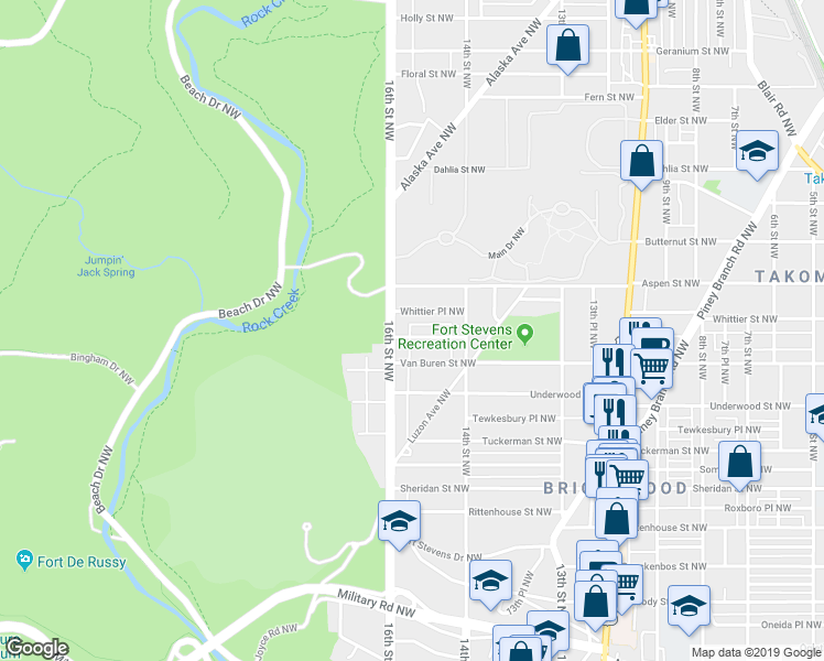 map of restaurants, bars, coffee shops, grocery stores, and more near 1441 Whittier Street Northwest in Washington