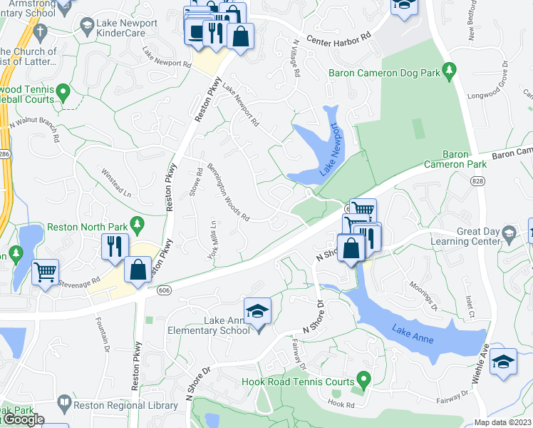 map of restaurants, bars, coffee shops, grocery stores, and more near 1608 North Village Road in Reston